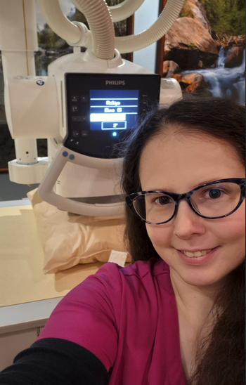 Liz at her job as a radiologic technologist